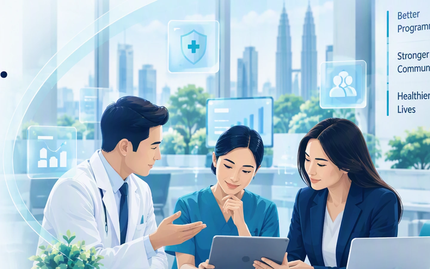 Stylised illustration of three healthcare and business professionals collaborating around a tablet