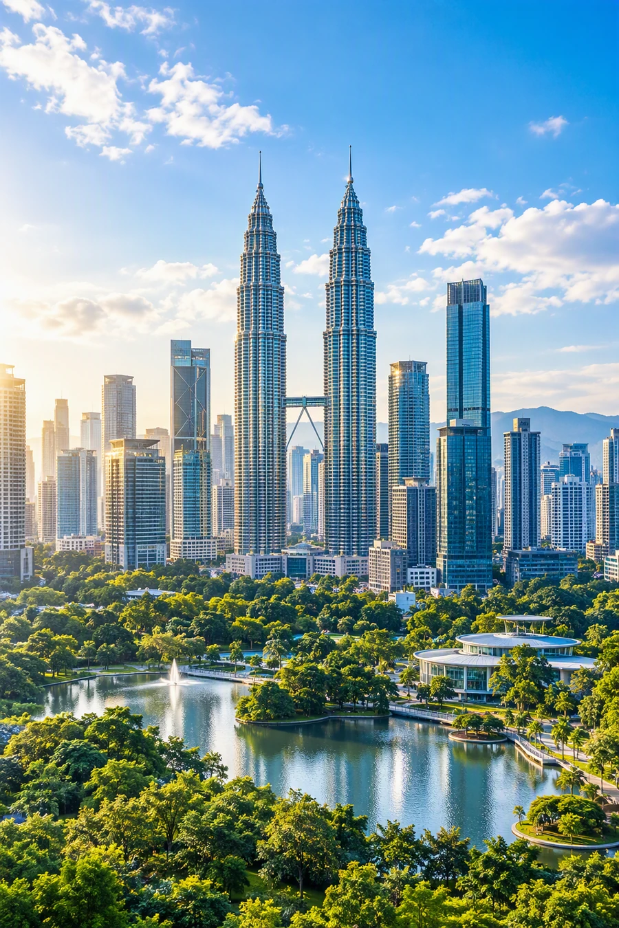 Kuala Lumpur skyline with twin towers, blue sky, urban greenery and lake