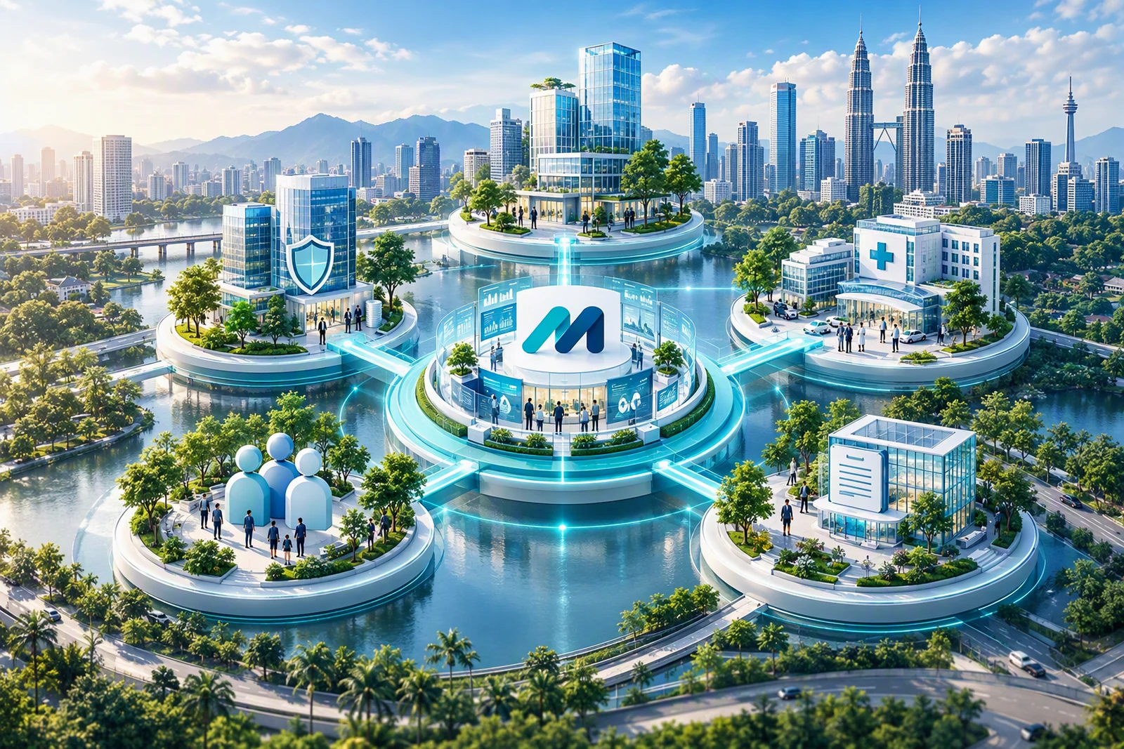 Layered healthcare ecosystem with a central administration hub and connected stakeholder platforms