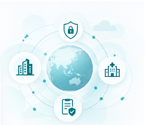 Pale-blue globe connected to organisation, healthcare provider, security and administration icons